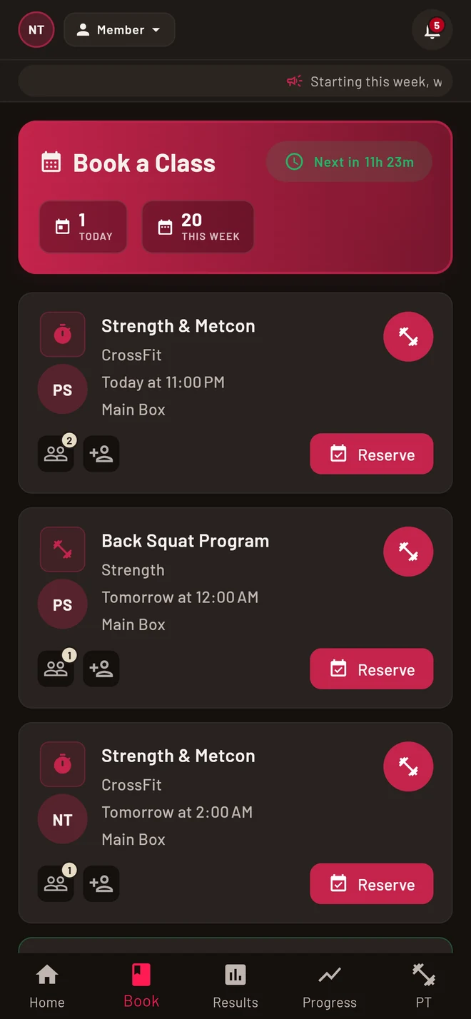 10RM class booking: the week ahead with spots left and a Reserve button on each class
