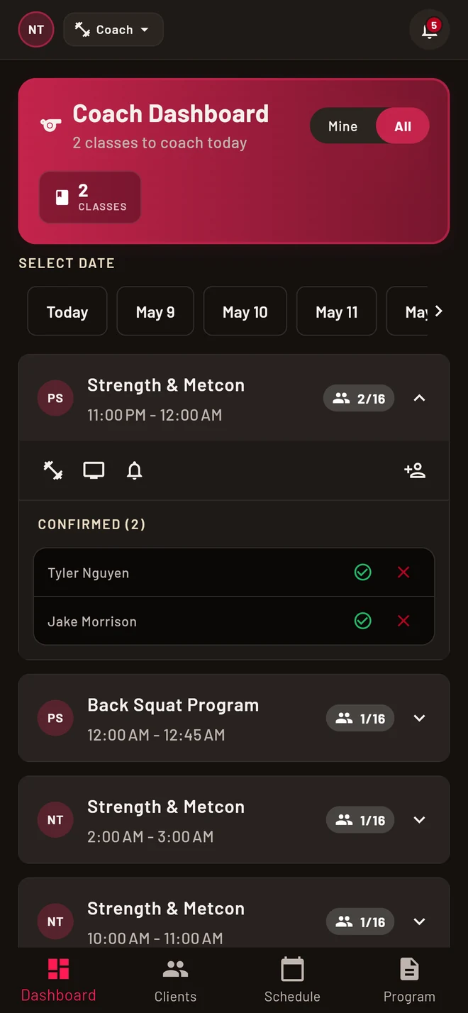 10RM coach dashboard: today's classes with confirmed attendees