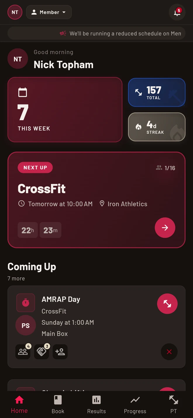 10RM member home: next class, sessions this week, current streak and what's coming up