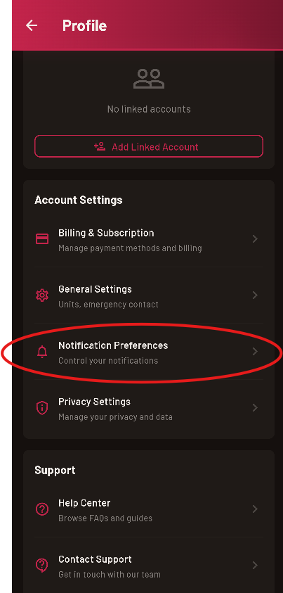 10RM profile screen — Notification Preferences option highlighted