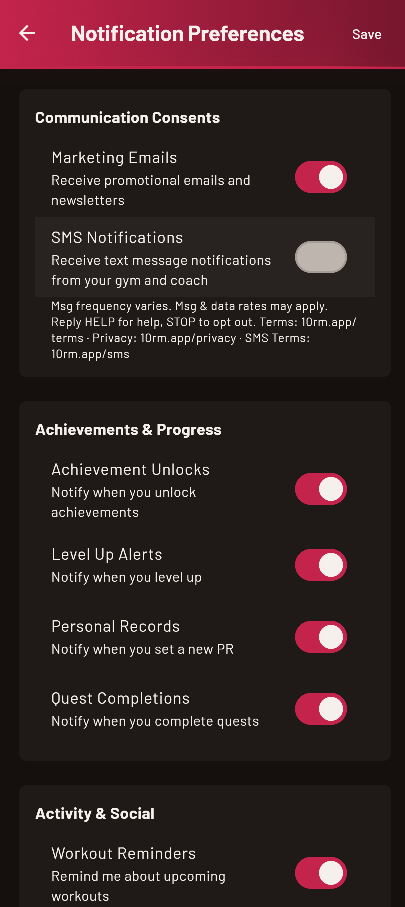 10RM Notification Preferences screen — SMS Notifications toggle under Communication Consents